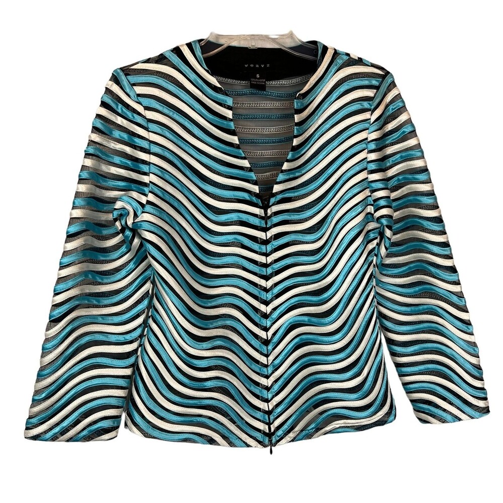 Weavz V-Neck Blue & White Satin & Black Mesh Zip Jacket Size S Coastal Preppy
